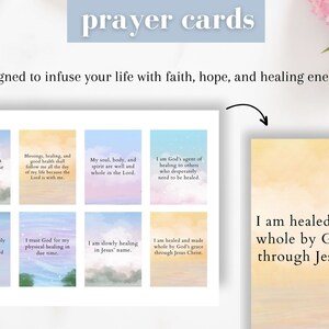 May include: A set of prayer cards with watercolor backgrounds and inspirational quotes about healing and faith. The cards feature phrases like "God's word is a healing medicine to my soul" and "I am healed and made whole by God's grace through Jesus Christ."
