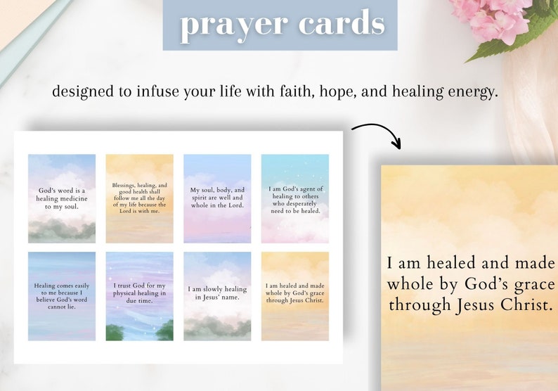May include: A set of prayer cards with watercolor backgrounds and inspirational quotes about healing and faith. The cards feature phrases like "God's word is a healing medicine to my soul" and "I am healed and made whole by God's grace through Jesus Christ."