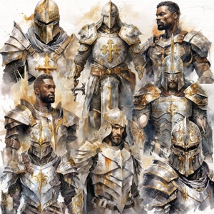 May include: A group of knights in ornate, gold-trimmed armor. The knights are depicted in a watercolor style, with a variety of poses and expressions. The armor is detailed and intricate, with a variety of decorative elements.
