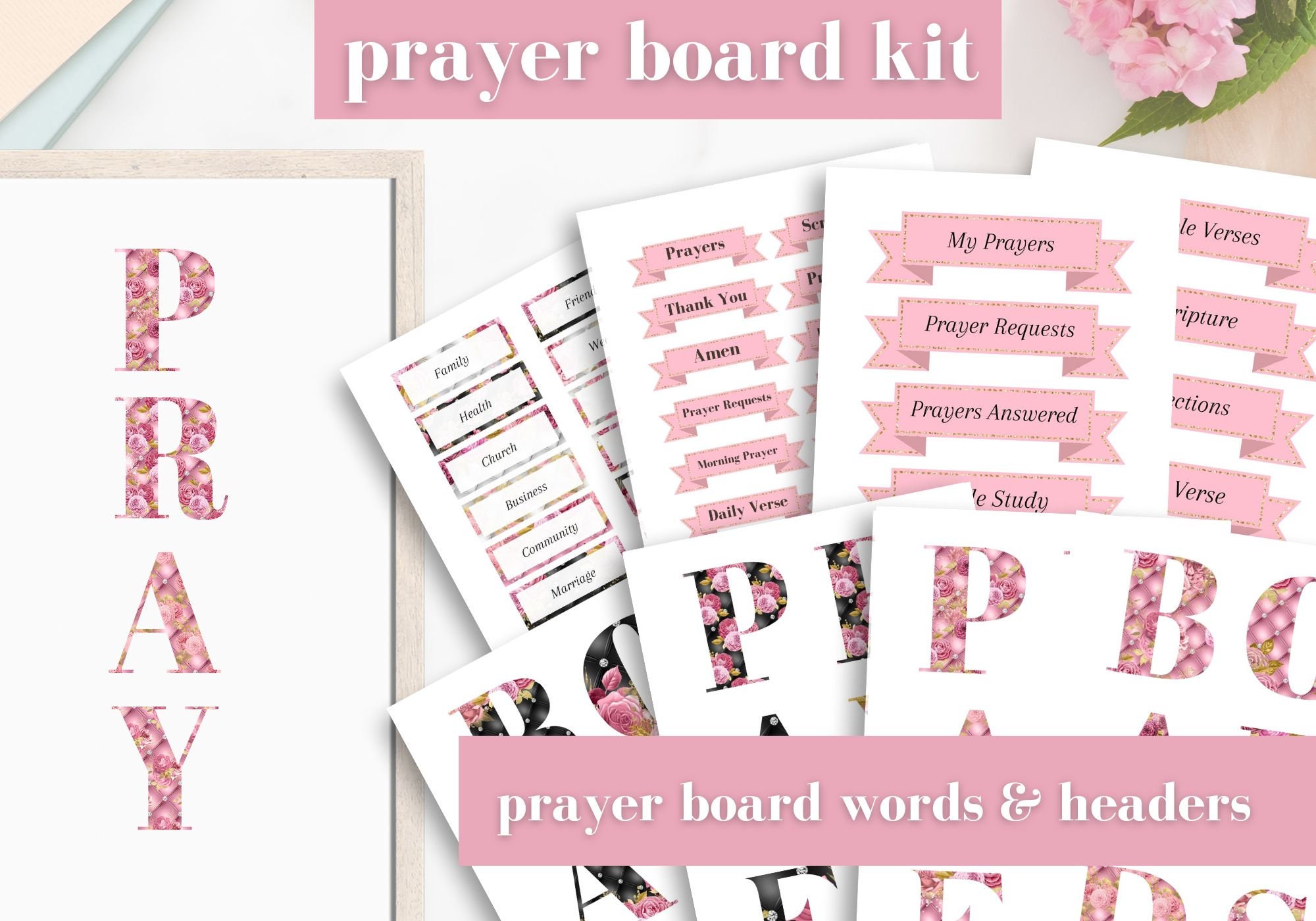 Prayer Board Kit Printable, Daily Prayer Board, Pink Prayer Board Headings  & Words, Christian Bulletin Board 