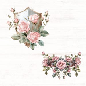 Pode incluir: Ilustra&ccedil;&otilde;es em aquarela de rosas cor-de-rosa e folhas verdes. Um design apresenta rosas dispostas em torno de um escudo dourado. O outro design tem rosas em torno de uma moldura decorativa. Ambos os designs est&atilde;o em um fundo de gr&atilde;o de madeira branco.