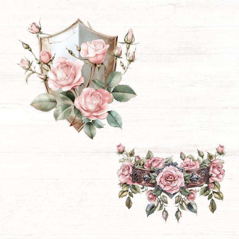 Pode incluir: Ilustra&ccedil;&otilde;es em aquarela de rosas cor-de-rosa e folhas verdes. Um design apresenta rosas dispostas em torno de um escudo dourado. O outro design tem rosas em torno de uma moldura decorativa. Ambos os designs est&atilde;o em um fundo de gr&atilde;o de madeira branco.