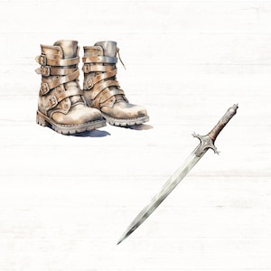 May include: A pair of brown leather boots with buckles and a silver sword with a brown leather handle.