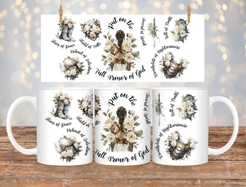 May include: White ceramic mug with a floral design and the text "Put on the full armor of God" with a list of the armor pieces: "Shoes of Peace", "Shield of Faith", "Helmet of Salvation", "Sword of Spirit", "Breastplate of Righteousness", and "Belt of Truth".