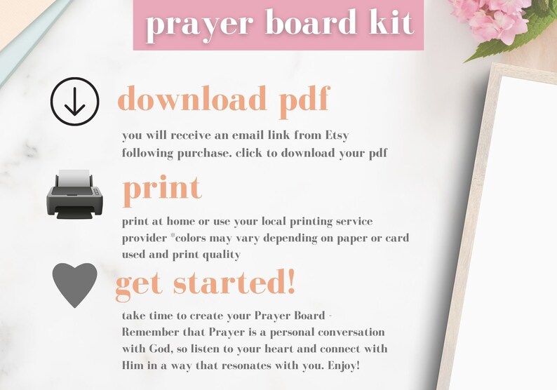 Może przedstawiać: R&oacute;żowo-biały zestaw do drukowania tablicy modlitewnej z instrukcjami pobrania pliku PDF, wydrukowania i rozpoczęcia. Tekst m&oacute;wi "prayer board kit", "download pdf", "print" i "get started!"