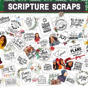 May include: A collection of scripture-themed scrapbook elements with Christmas and religious themes. The designs include illustrations of women, churches, and text such as "Christmas Blessings" and "Happy Birthday Jesus."