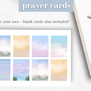 May include: A set of printable prayer cards with a variety of pastel colored backgrounds featuring clouds and stars. The text "prayer cards" is at the top of the image and the text "make your own - blank cards also included!" is below the cards.