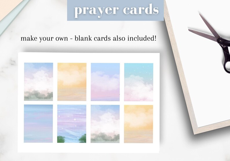 May include: A set of printable prayer cards with a variety of pastel colored backgrounds featuring clouds and stars. The text "prayer cards" is at the top of the image and the text "make your own - blank cards also included!" is below the cards.
