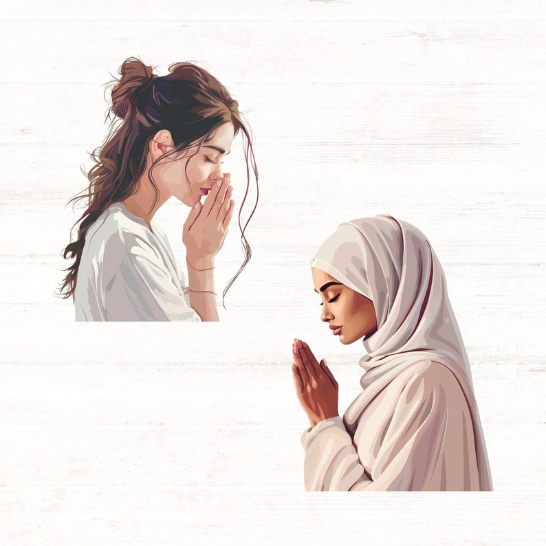 May include: Two women are shown with their heads bowed in prayer. The woman on the left has long brown hair and is wearing a white shirt. The woman on the right is wearing a white headscarf and a long white dress.