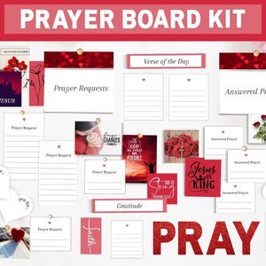 May include: A red and white prayer board kit with a variety of cards and decorations. The cards include prayer requests, answered prayers, gratitude, and faith. The decorations include hearts, crosses, and flowers. The kit also includes a verse of the day card and a "Pray" sign.