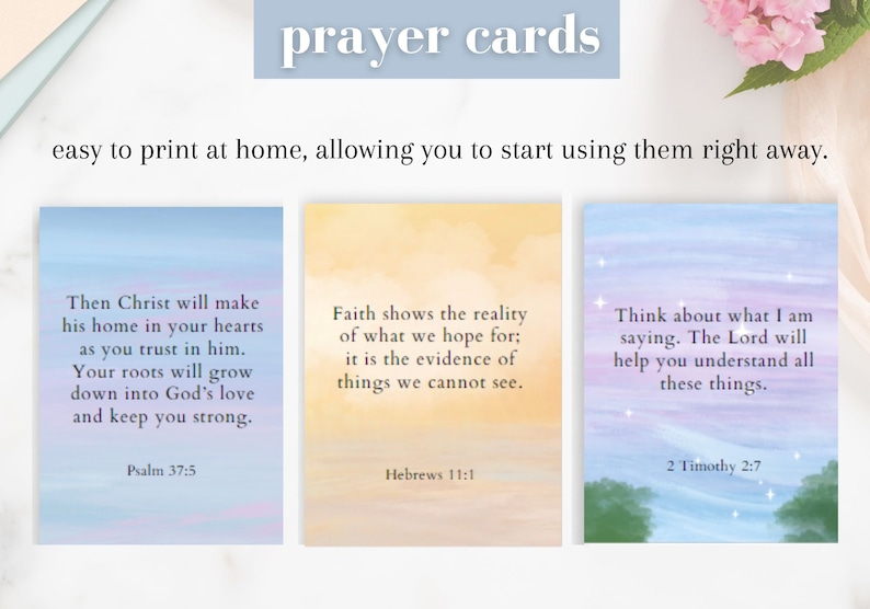 K&ouml;nnte beinhalten: Drei druckbare Gebetskarten mit Aquarellhintergr&uuml;nden. Die erste Karte ist blau und lila mit dem Text "Dann wird Christus sein Zuhause in euren Herzen machen, wenn ihr auf ihn vertraut. Eure Wurzeln werden wachsen und in Gottes Liebe hineinwachsen und euch stark machen. Psalm 37:5". Die zweite Karte ist gelb und orange mit dem Text "Der Glaube zeigt die Wirklichkeit dessen, was wir hoffen; er ist der Beweis f&uuml;r die Dinge, die wir nicht sehen. Hebr&auml;er 11:1". Die dritte Karte ist lila und blau mit dem Text "Denkt &uuml;ber das nach, was ich sage. Der Herr wird euch helfen, all diese Dinge zu verstehen. 2 Timotheus 2:7".