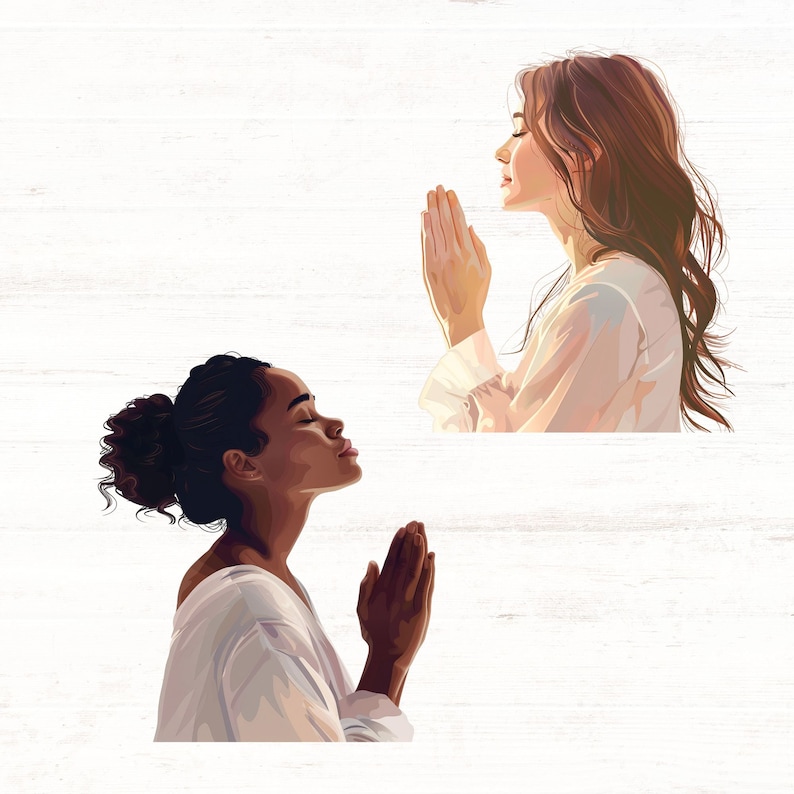May include: Two women with their hands clasped in prayer. One woman has dark skin and dark hair, while the other woman has light skin and long brown hair. Both women are wearing white shirts.