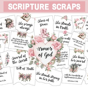 May include: A collection of scripture-themed digital scrapbook elements. The design features floral arrangements, watercolor illustrations, and inspirational quotes. The words "Scripture Scraps" are at the top. The overall color scheme is soft pink and white.