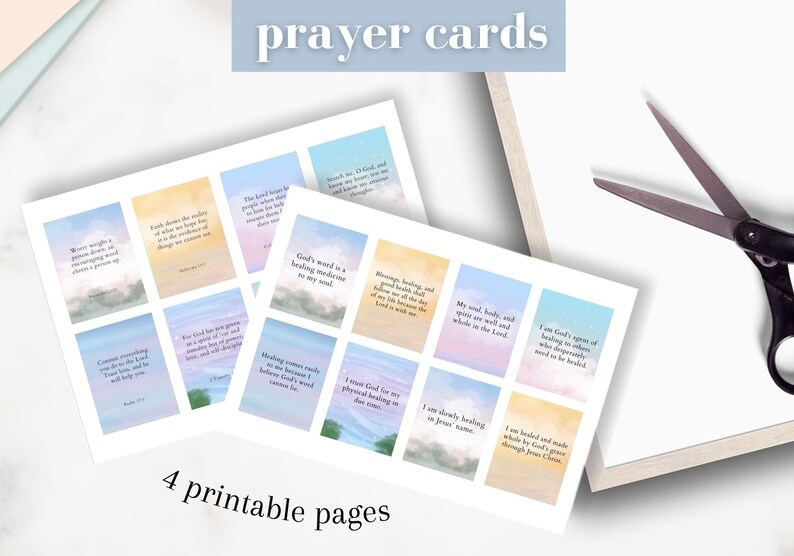 May include: Printable prayer cards with watercolor backgrounds and inspirational quotes. The cards feature a variety of colors, including blue, pink, and yellow. The text on the cards includes verses from the Bible, such as "God's word is a healing medicine to my soul." and "I am slowly healing in Jesus' name."