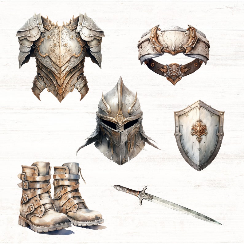 May include: A set of medieval knight armor, including a breastplate, helmet, shield, sword, and boots. The armor is silver and gold with intricate details. The sword has a silver blade and a gold hilt. The boots are brown leather.