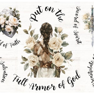 May include: A digital illustration of the full armor of God, with each piece of armor represented by a floral arrangement. The text "Put on the Full Armor of God" is written in a circle around the image. The individual pieces of armor are labeled with the following text: "Helmet of Salvation", "Breastplate of Righteousness", "Belt of Truth", "Sword of Spirit", "Shield of Faith", "Shoes of Peace".
