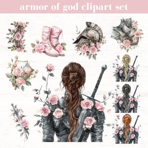Puede incluir: Conjunto de imágenes prediseñadas de acuarela con el texto "armor of god clipart set". Incluye ilustraciones de armaduras, espadas y rosas rosas. Hay imágenes de un casco, botas y una figura femenina con armadura, todas adornadas con rosas.