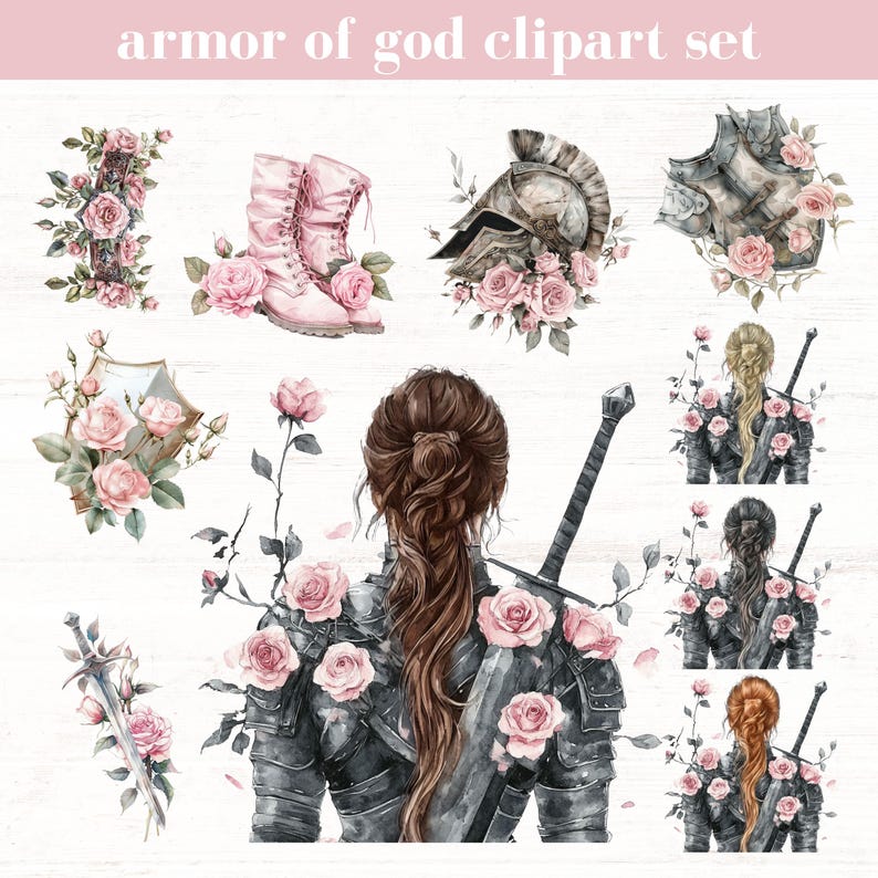 Pode incluir: Conjunto de cliparts em aquarela com o texto "armor of god clipart set". Inclui ilustra&ccedil;&otilde;es de armaduras, espadas e rosas cor-de-rosa. H&aacute; imagens de um capacete, botas e uma figura feminina em armadura, todas adornadas com rosas.