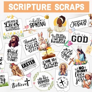 May include: A collection of 20 colorful digital scrapbook paper designs featuring Easter-themed illustrations and inspirational Christian quotes. The designs include bunnies, crosses, flowers, and text such as "He is Risen", "Easter is for Jesus", and "Believe".