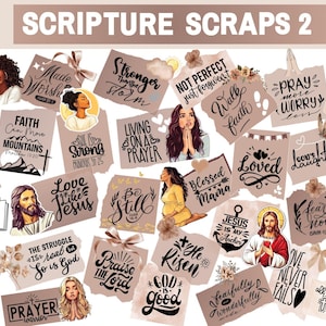 May include: A collection of 25 digital scrapbook paper designs featuring inspirational quotes and phrases about faith, love, and prayer. The designs are in a variety of styles, including hand-lettered, script, and block lettering. The colors are mostly neutral, with shades of brown, beige, and white.