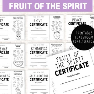 Afdrukbare Fruit of the Spirit-certificaten, afdrukbare Fruit of the Spirit Award, Christian Classroom, Kids Bible Coloring