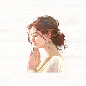 May include: A woman with long brown hair is shown in profile, with her eyes closed and hands clasped together in prayer. She is wearing a white blouse.
