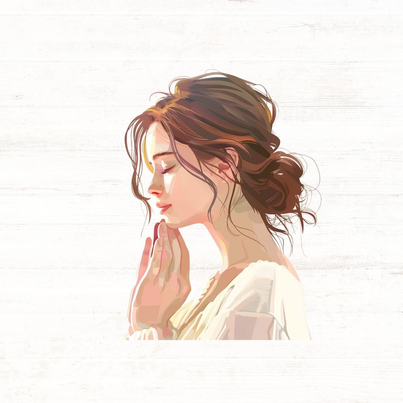May include: A woman with long brown hair is shown in profile, with her eyes closed and hands clasped together in prayer. She is wearing a white blouse.