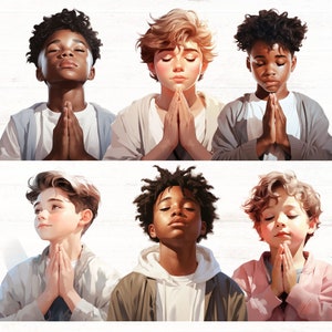 Biddende jongens clipart, jongens in gebed, gebedsstrijders, zwarte jongens bidden clipart, christelijke PNG, biddende kinderen