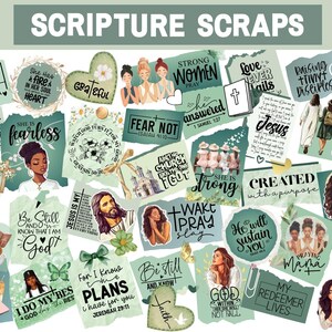 May include: A collection of digital stickers featuring inspirational quotes and illustrations. The stickers are in a variety of colors and styles, with a green and white color scheme. The text includes phrases like "Faith over fear", "She is fearless", "Love never fails", "Be still and know that I am God", "Created with a purpose", "Simply Blessed", and "God is good".