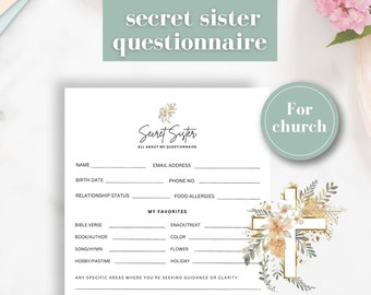 Church Secret Sister Questionnaire, Printable Secret Sister Survey, Church Appreciation, Church Gift Exchange, Womens Ministry Secret Sister