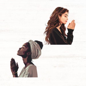 May include: Two women with their hands clasped in prayer. One woman has dark skin and is wearing a white headscarf. The other woman has long brown hair and is wearing a black shirt.