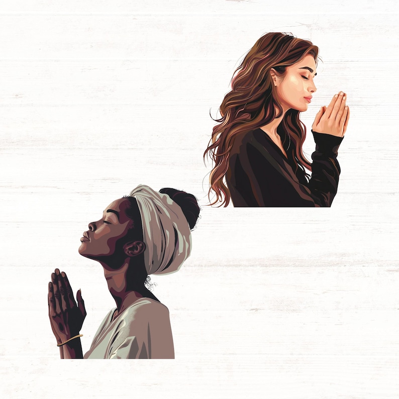 May include: Two women with their hands clasped in prayer. One woman has dark skin and is wearing a white headscarf. The other woman has long brown hair and is wearing a black shirt.
