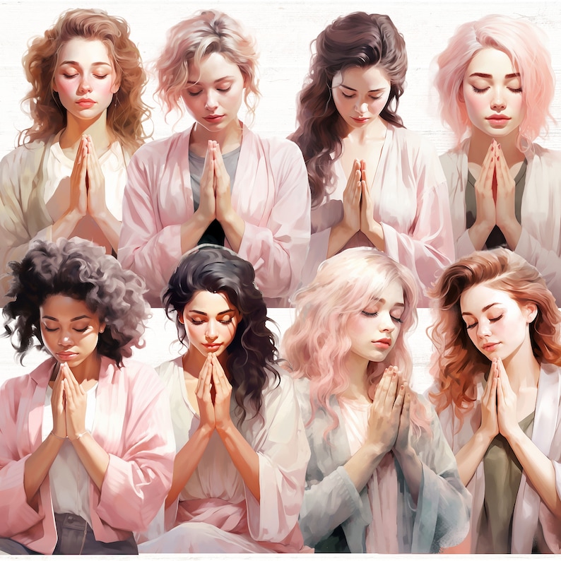 May include: Nine women with long hair are wearing pink and white dresses. They are all praying with their hands clasped together in front of their chests.