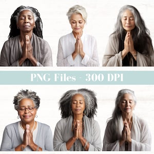 Puede incluir: Seis mujeres con cabello gris se muestran en un collage. Cada mujer lleva un atuendo diferente y tiene los ojos cerrados. Todas est&aacute;n rezando con las manos juntas frente a su pecho.