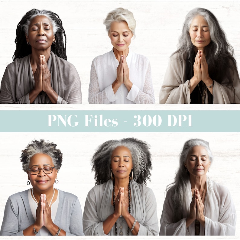 Puede incluir: Seis mujeres con cabello gris se muestran en un collage. Cada mujer lleva un atuendo diferente y tiene los ojos cerrados. Todas est&aacute;n rezando con las manos juntas frente a su pecho.