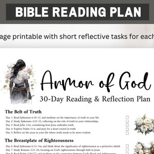May include: A printable 30-day Bible reading plan titled "Armor of God" with a watercolor illustration of a woman in armor. The plan is divided into two sections: "The Belt of Truth" and "The Breastplate of Righteousness".