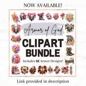 May include: A digital clipart bundle of 35 watercolor illustrations of the Armor of God. The illustrations feature a variety of armor pieces, including a helmet, breastplate, shield, sword, and sandals. The illustrations are surrounded by floral designs.