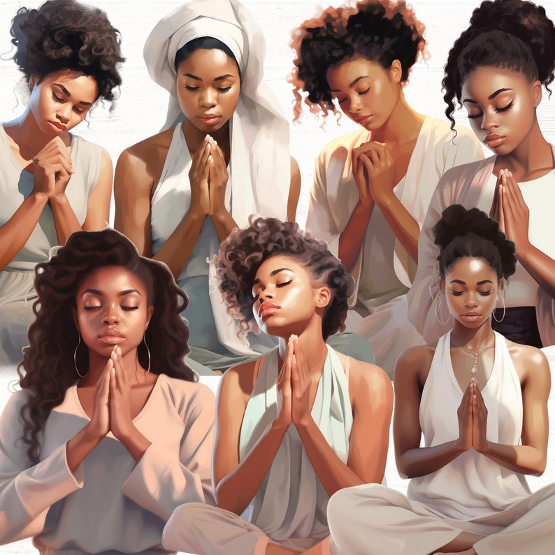 Pode incluir: Sete mulheres com cabelo escuro s&atilde;o mostradas em uma pintura digital. Todas usam roupas diferentes e t&ecirc;m as m&atilde;os juntas em ora&ccedil;&atilde;o. As mulheres olham para suas m&atilde;os.