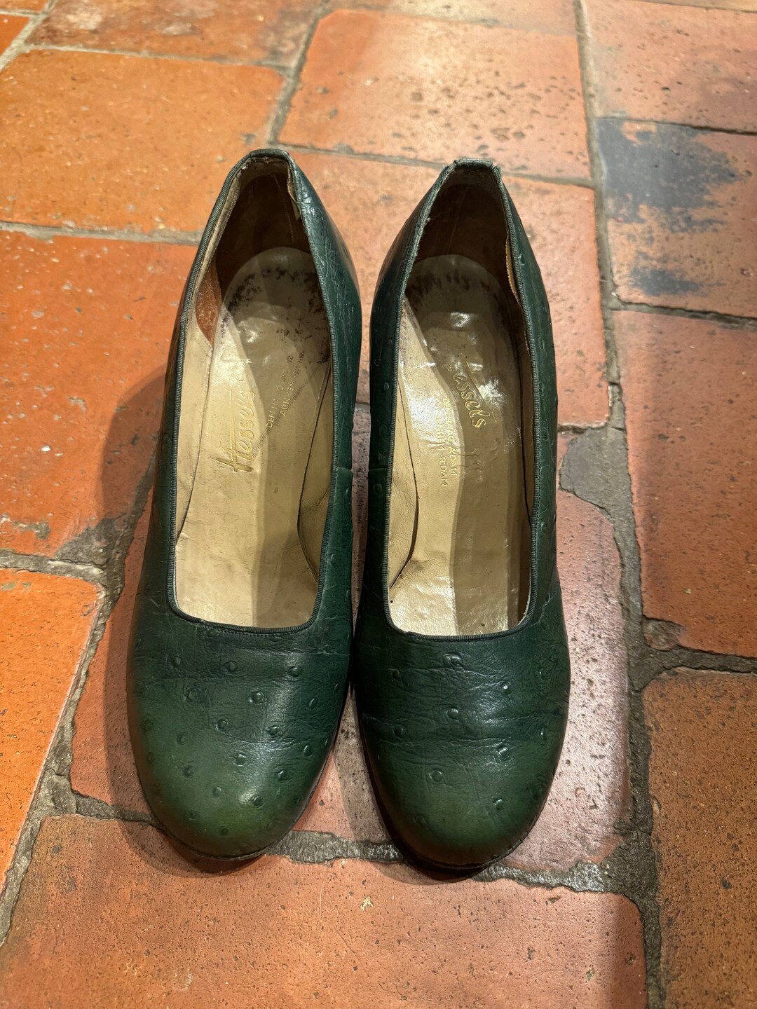 1940 年代の素敵なボトルグリーンのダチョウ革パンプス - Etsy 日本