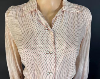 Vestido de día de lunares de los años 30, tejido de crepé vintage (busto: 107 cm, cintura: 81 cm)