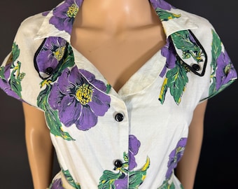 Vintage katoenen jurk jaren 40 met bloemenprint, lange rok, borstomvang 36