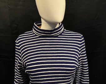 May include: A long-sleeved, navy blue and white striped shirt with a mock neck.