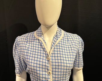 1940s Seersucker Suit, Blue & White Check, Bust 36"