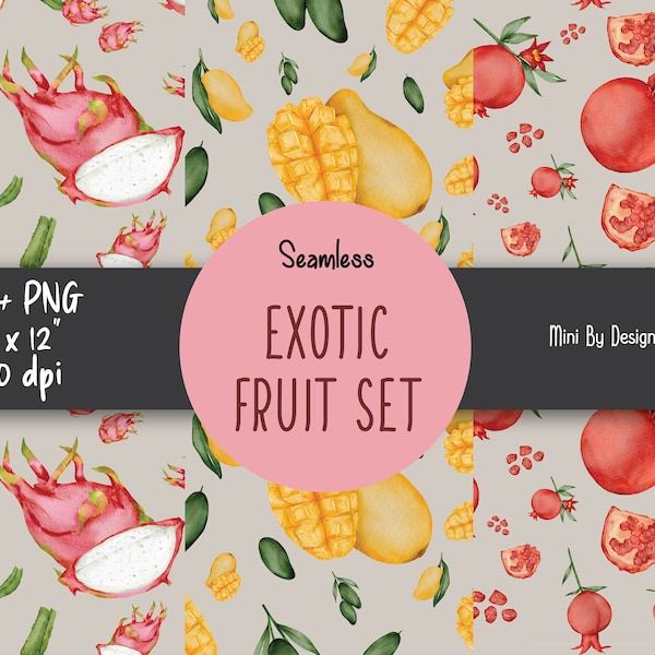 Exotic Summer Fruit Seamless Pattern Repeating File Kids Fashion Design Fabric Printing Commercial Use Tropical Printable Scrapbook Clipart