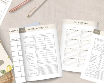 Printable Digital Meal and Grocery Planner | Daily Food Recipes, Grocery List, Meal Prep Planner | PDF Digital Download A4, US Letter