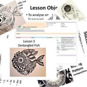 Puede incluir: Una ilustración en blanco y negro de un pez con intrincados patrones. El pez está rodeado de texto que dice "Lesson 3 Zentangled Fish" y "Success Criteria: - of patterns to create... Ma.. ng Pattern Juxtaposition".