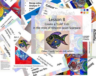 Abstract Fish Painting Lesson, Cold Colors Pattern Tutorial (Digital Download)
