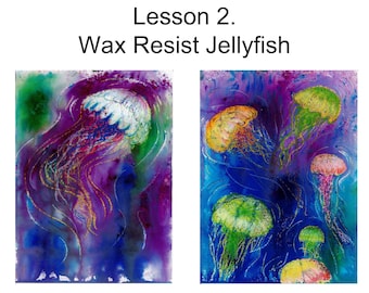 Children's art lesson with lesson plan and Powerpoint slides, art lesson, mixed media art, middle school art lesson, jellyfish art lesson