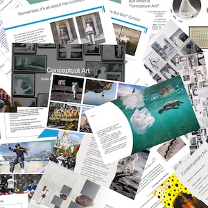 May include: A collage of educational documents and photographs detailing conceptual art, featuring text headers like Conceptual Art, images of an astronaut, a sea turtle, a skateboarder, and various historical figures, all layered on a light green background.