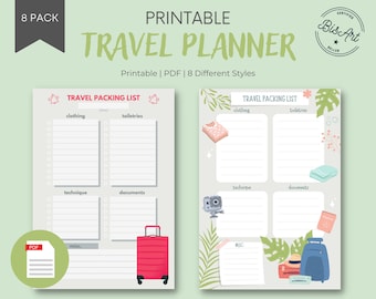 Printable Travel Packing List, Travel Packing List Editable, Packing Checklist, Travel Organizer, Travel Checklist, Travel Planner